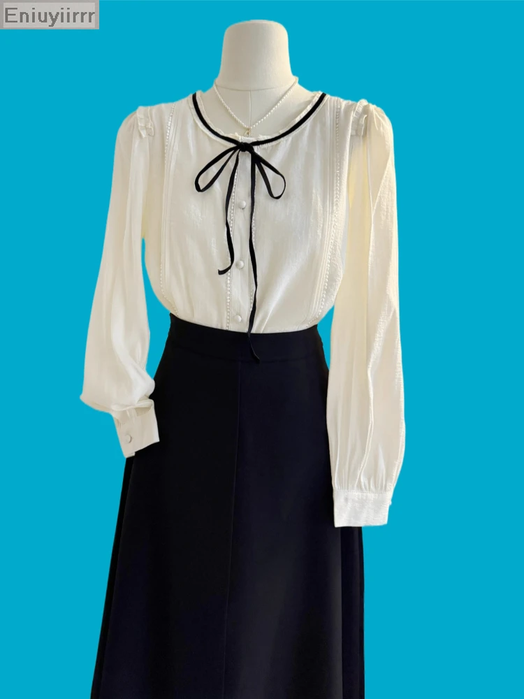 Volant da donna Carino Papillon Top Stile Preppy Vintage Coreano giapponese Design Bottone Elegante volant formale Camicie bianche Camicette