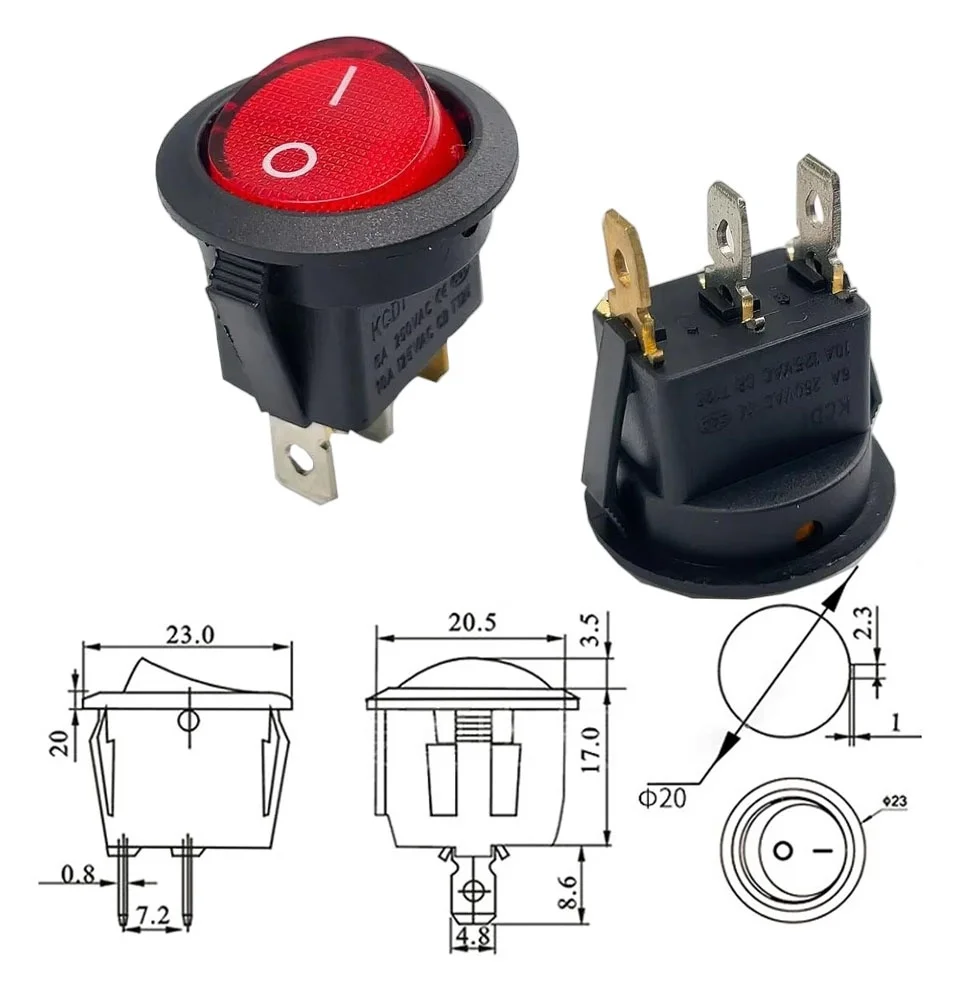 10PCS Round switch button3pin 2gear red black ship switch KCD1-105 small power switch 20MM 15MM