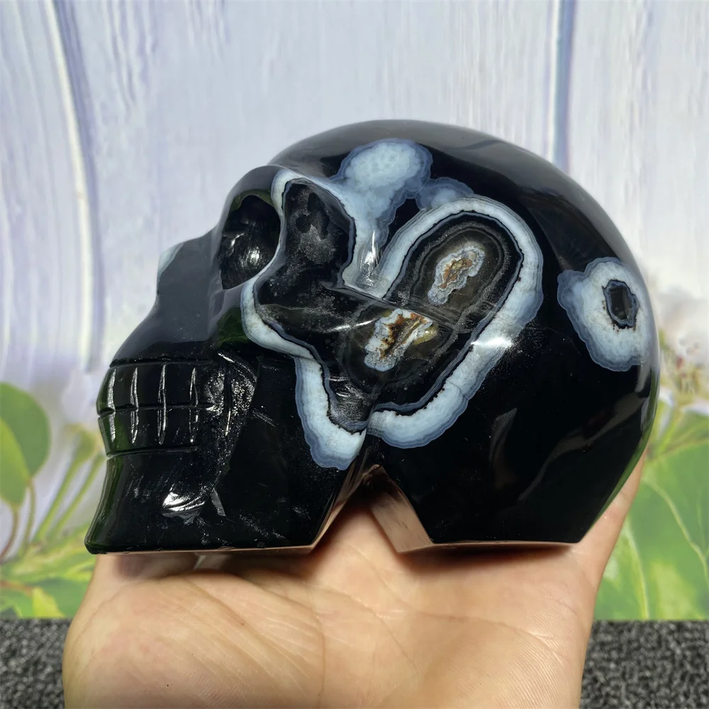 

1002g Natural Black Onyx Crystal Agate Skull Raw Ore Quartz Handmade Sculpture Spiritual Meditation Reiki Home Decoration