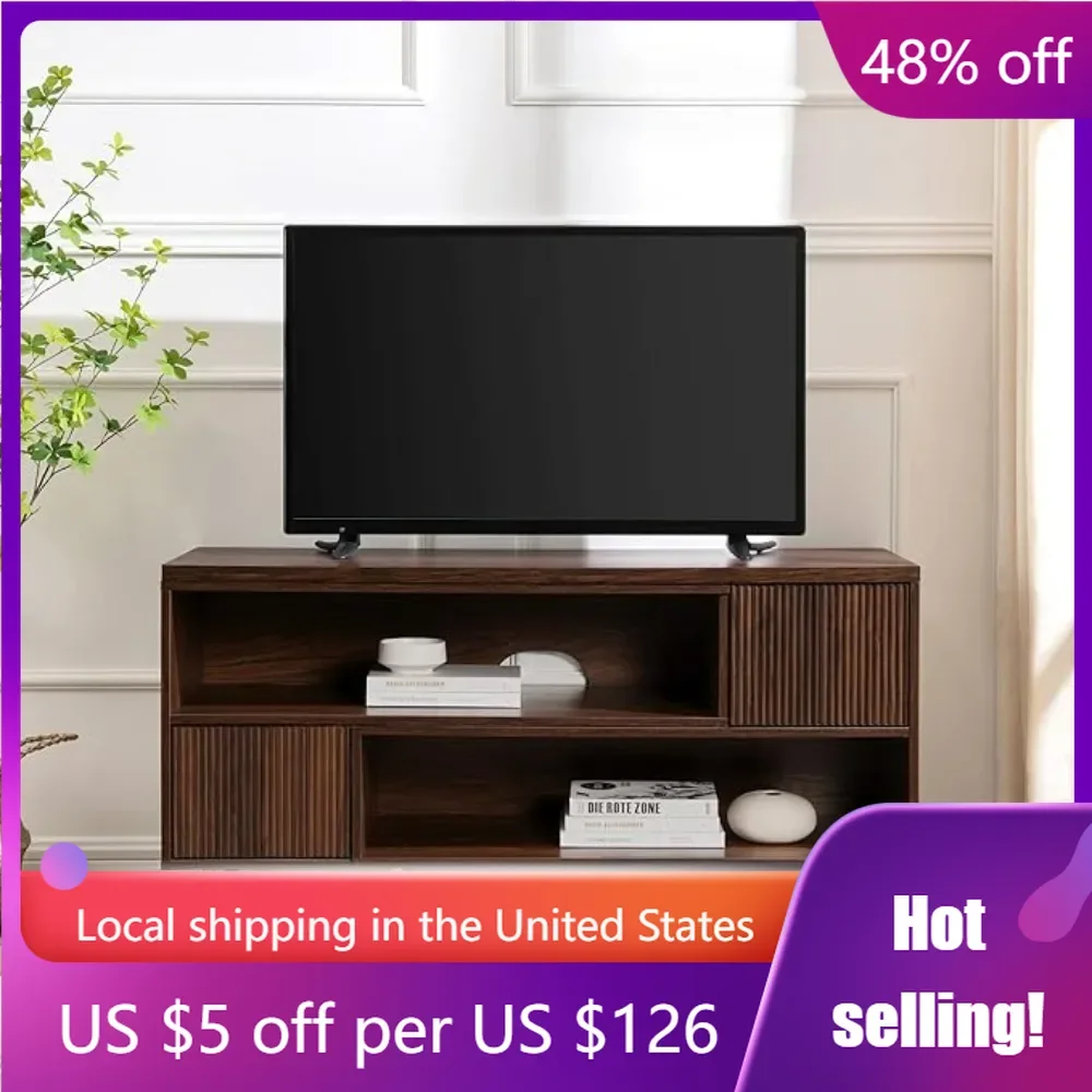 Lowen Contemporary Fluted-Door Extendable TV Stand for TVs Up to 55 Inches 47 Inch Dark Walnut Freight Free Cabinet Furniture