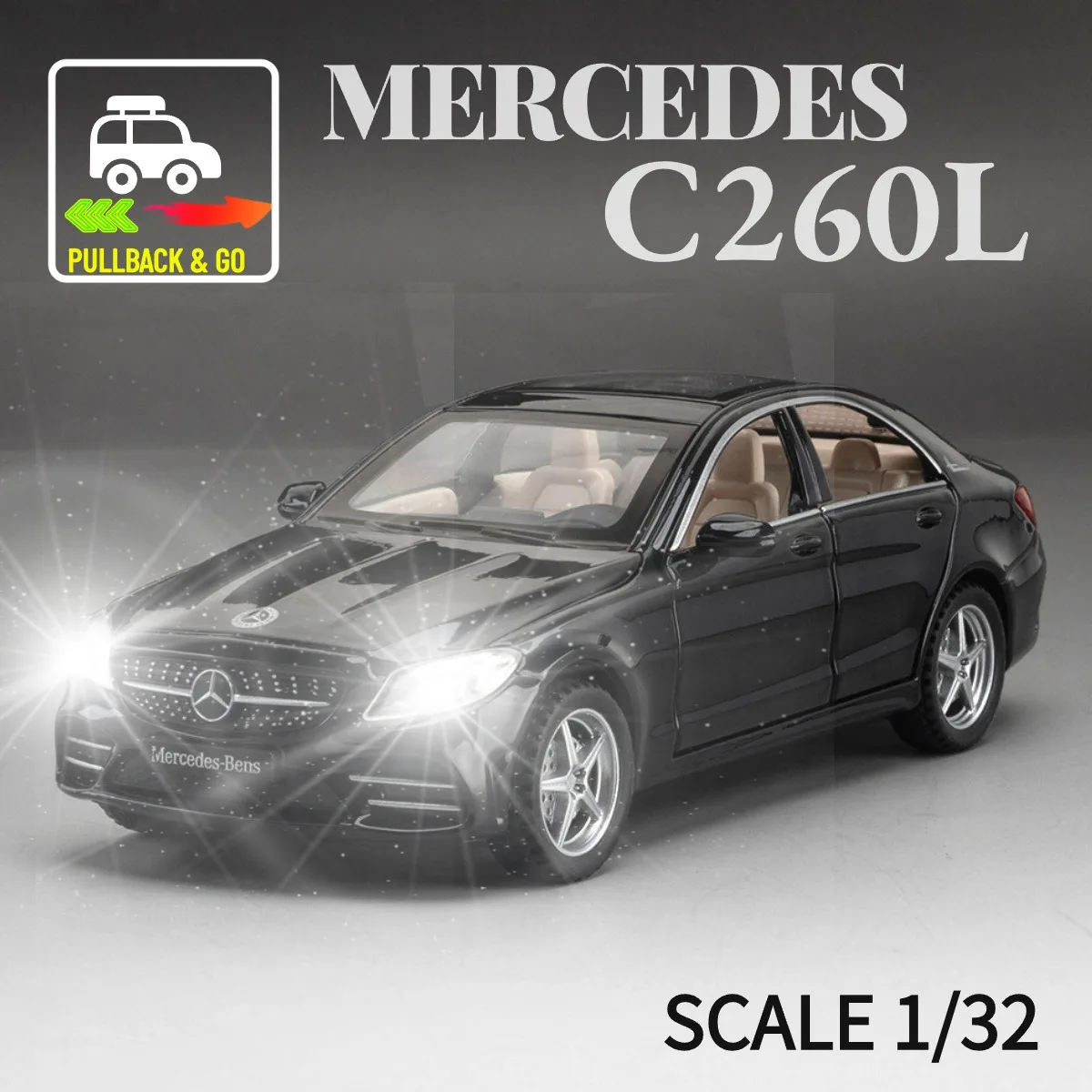 

1:32 Mercedes C260L Pullback Car Toy with Lights Engine Sound, Suzuki Toyota Diecast Car Model Scale Replica Gift Kid Boy Toy