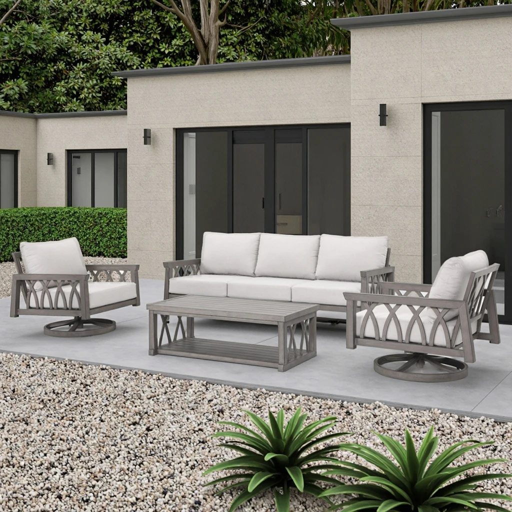 

5-Seater Lightweight Aluminum Garden Sofa Set with Swivel Chairs Waterproof Fabric Cushions for Outdoor Leisure Hotel Patio Use