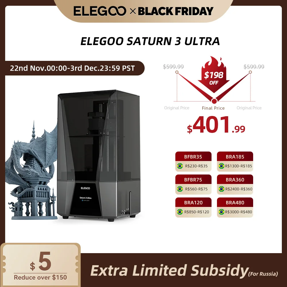 ELEGOO SATURN 3 Ultra 12K Mono MSLA 3D Printer Speed Up to 150mm/h 10'' 12K LCD Resin 3D Printer Printing Size 219*123*260mm