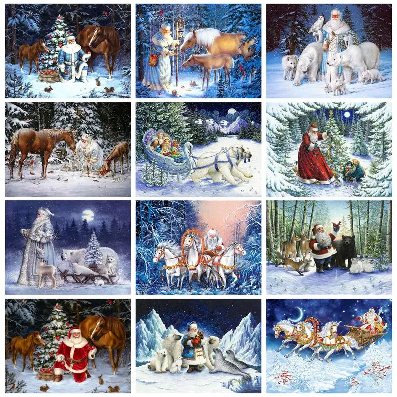 GATYZTORY Acrylic Painting By Numbers Handmade Canvas Painting Winter Landscape Number Painting For Adults Santa Clause DIY Gift