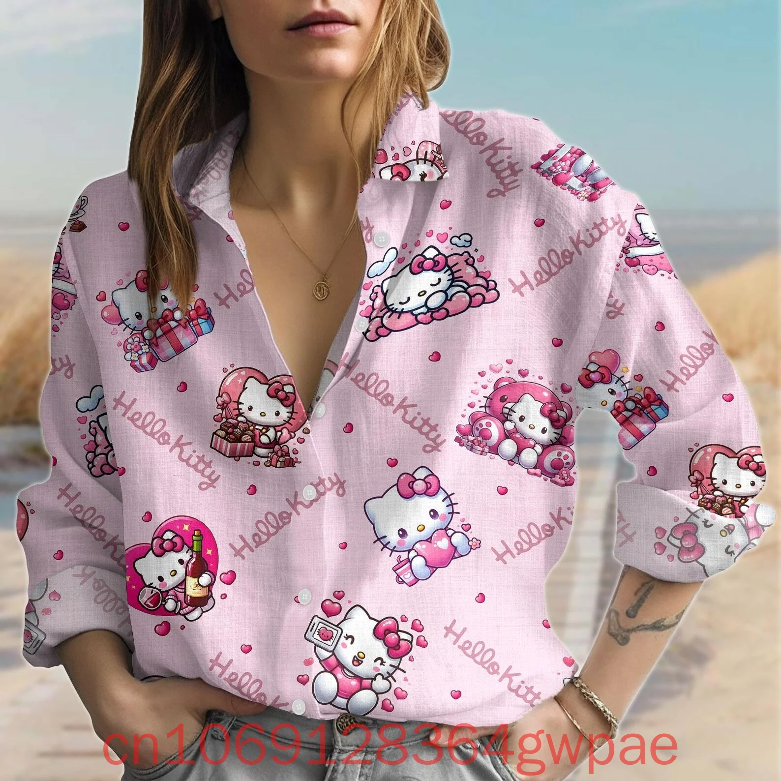 

Hello Kitty Womens Blouse Shirt Casual Long Sleeve Button Up Shirt Disney Kawaii Kitty Women Fashion Elegant 3d Print Shirts