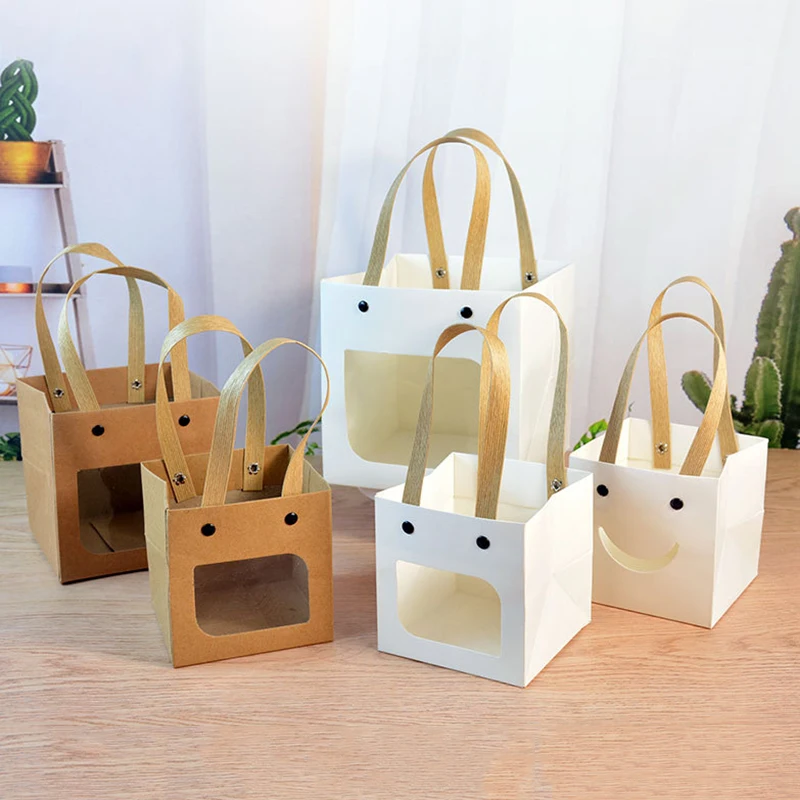 10Pcs Square Smile Gift Bags Kraft Paper Packaging Bags With Window Handle Birthday Party Wedding Gift Souvenirs Bag For Guest - view 5