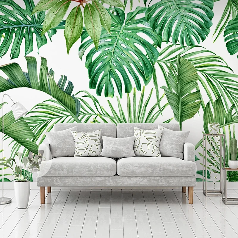 Custom Size Photo Wallpaper 3D Hand Painted Green Leaves Pattern Wall Mural Sticker Living Room Bedroom TV Background Home Decor