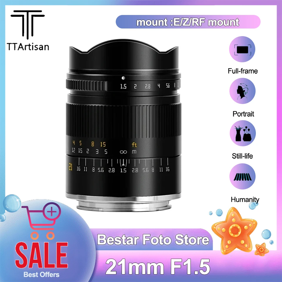 TTArtisan 21mm F1.5 MF Full Frame Camera Lens for Canon R5 R6 Nikon Z50 Z7II Sony A5000 A7S A9 Lumix S1 Sigma FP