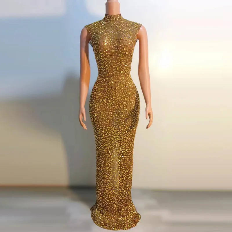 Sparkly Full Rhinestones Long Dress Sexy Mesh See Through Women Celebrate Evening Prom Birthday Dress Singer Show Stage Wear