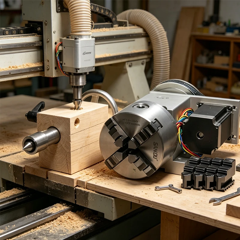 K5M-6-100A/B CNC 4th Axis Rotary A-axis, 100mm 3-Jaw & 4-Jaw Chuck with MT2 Active Tailstock, Machine Tool Accessories for Wood