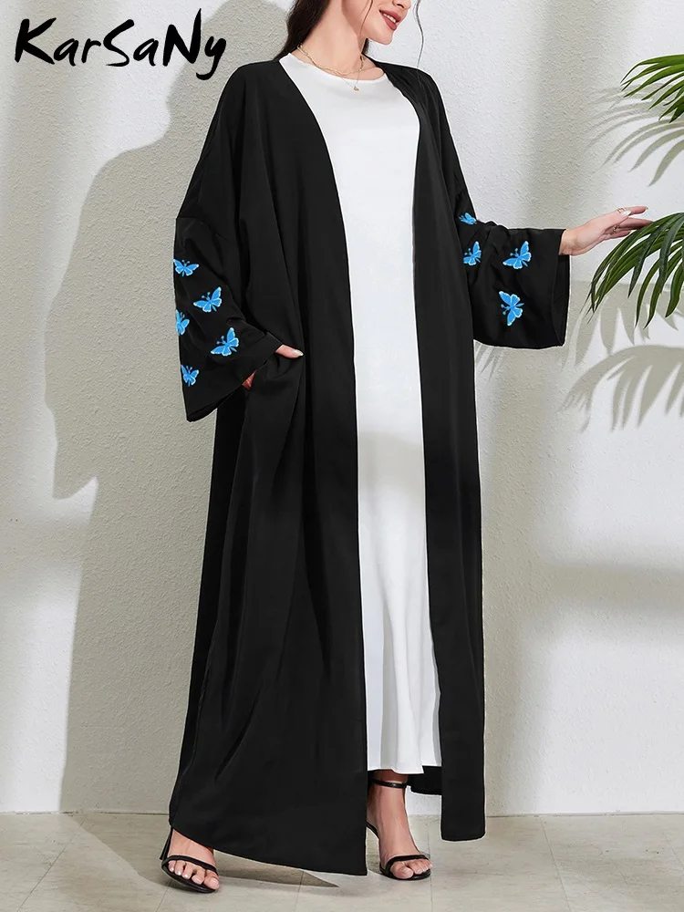 Abaya Dubai lusso farfalla ricamo Abaya nero per le donne Islam abbigliamento sciolto Casual modesto abito tinta unita cappotto musulmano