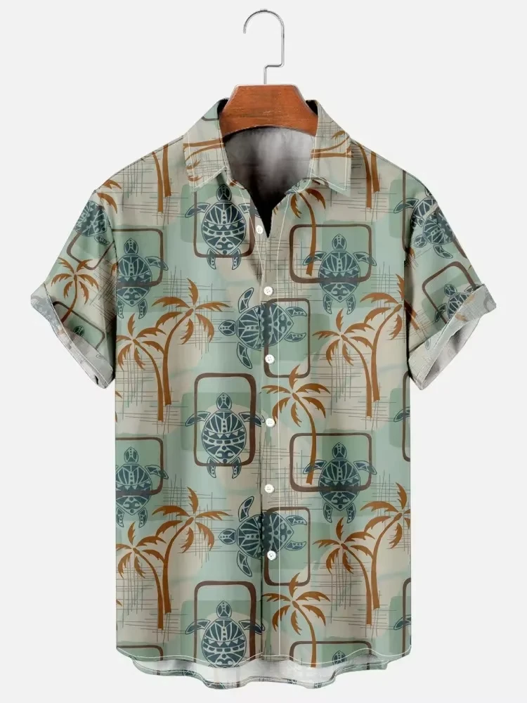 

2026 Hawaiian Men's Print Short Sleeve Shirt Beach Coconut Tree Fashion Lapel Top Summer Must-have Shirt for Vacation