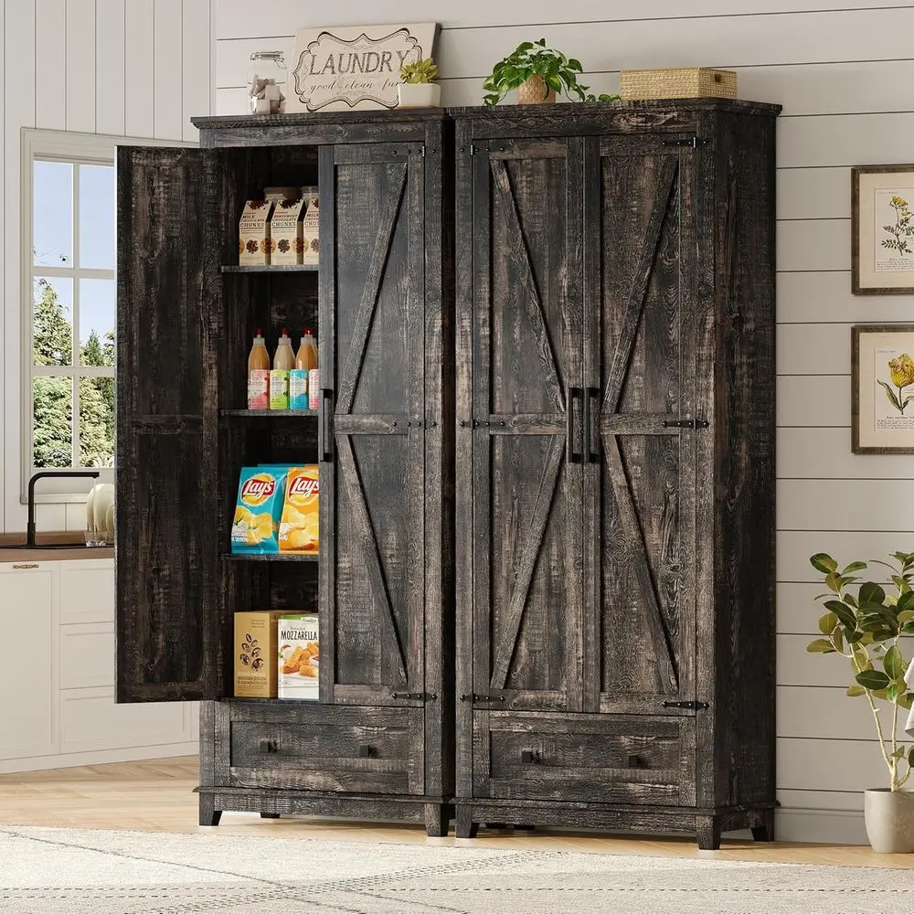 72 Tall Farmhouse-Style Kitchen Pantry Cabinet with Adjustable Shelves, Barn Doors, and Drawers in Dark Rustic Oak