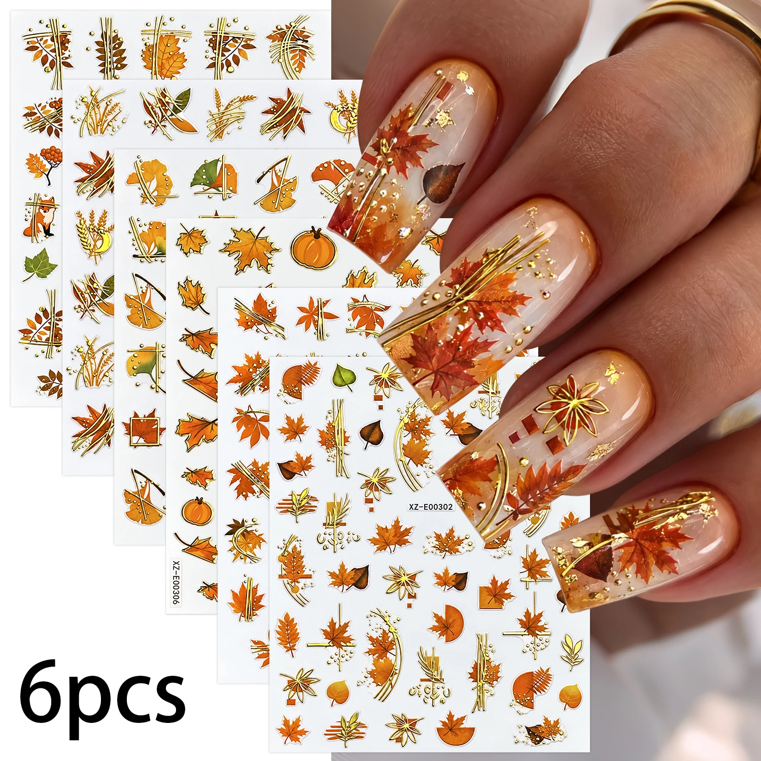 6Pcs Gold Foil Fall Leaf Autumn Nail Art Sticker 3D Maple Leaves Pumpkin Cute Squirrel Ginkgo Nail Decal DIY Manicure Slider Dec