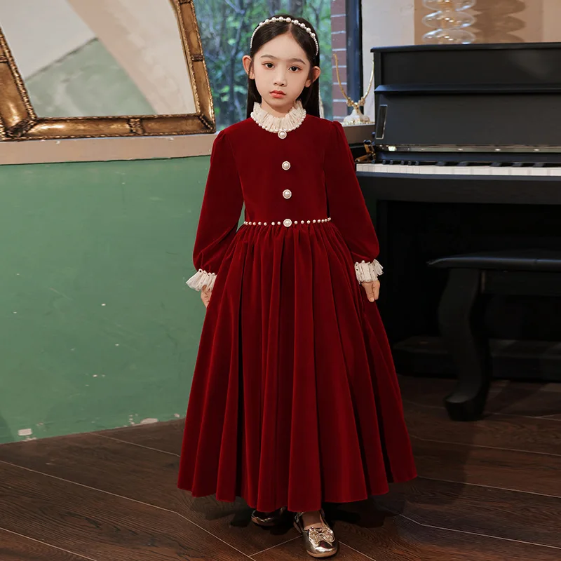 

It's Yiiya Скромное платье с цветочным узором для девочек, винно-красное фланелевое детское платье с круглым вырезом и длинными рукавами на молнии сзади, трапециевидной длиной до пола, T057