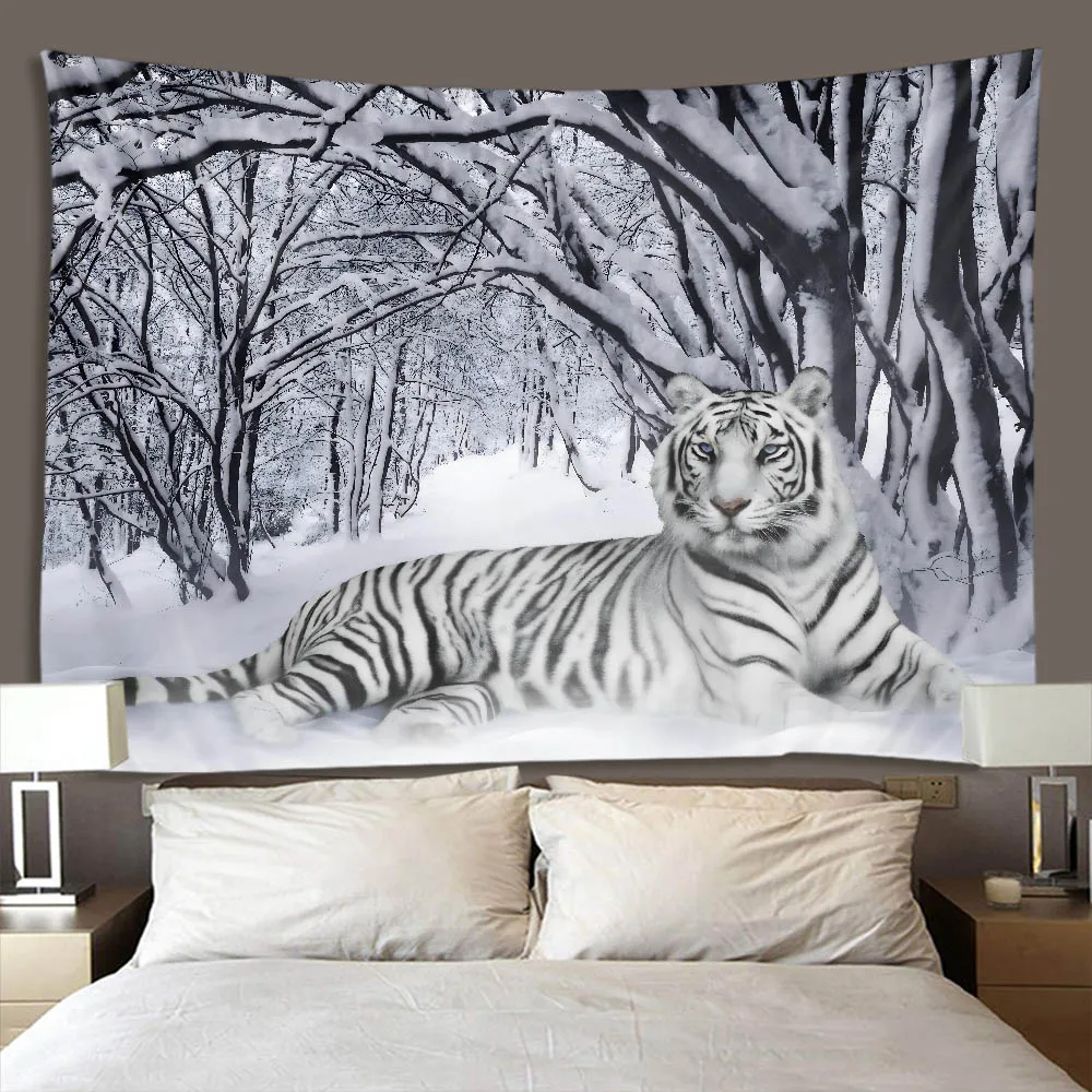 Dreamy Forest White Tiger Tapestry Snow View Living Room Sofa Oil Painting Style Children's Room Story Wall Background Cloth