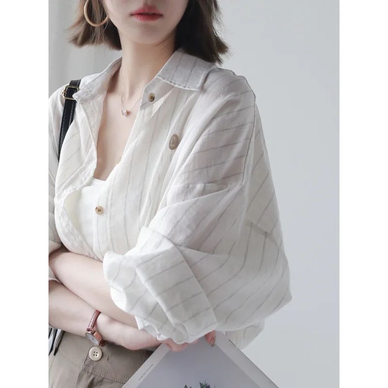 

Women's Loose Long-Sleeved Sun-Protective Shirt Cotton Linen Blend Striped Embroidery Layering Spring Summer Fashion