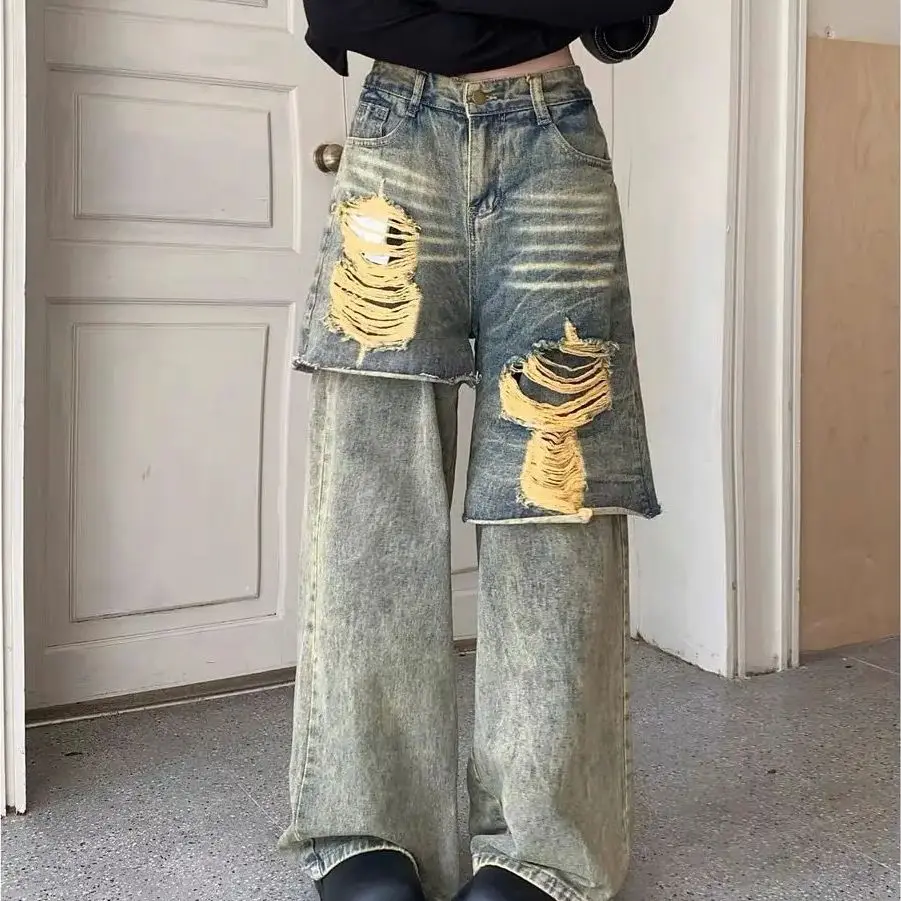 

American Street Niche Old Design Fake Two-Piece Jeans Women Spring Summer New Retro Versatile Loose Ripped Trousers