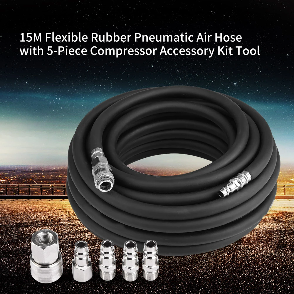 15M Flexible Rubber Pneumatic Air Hose with 5-Piece Compressor Accessory Kit Tool