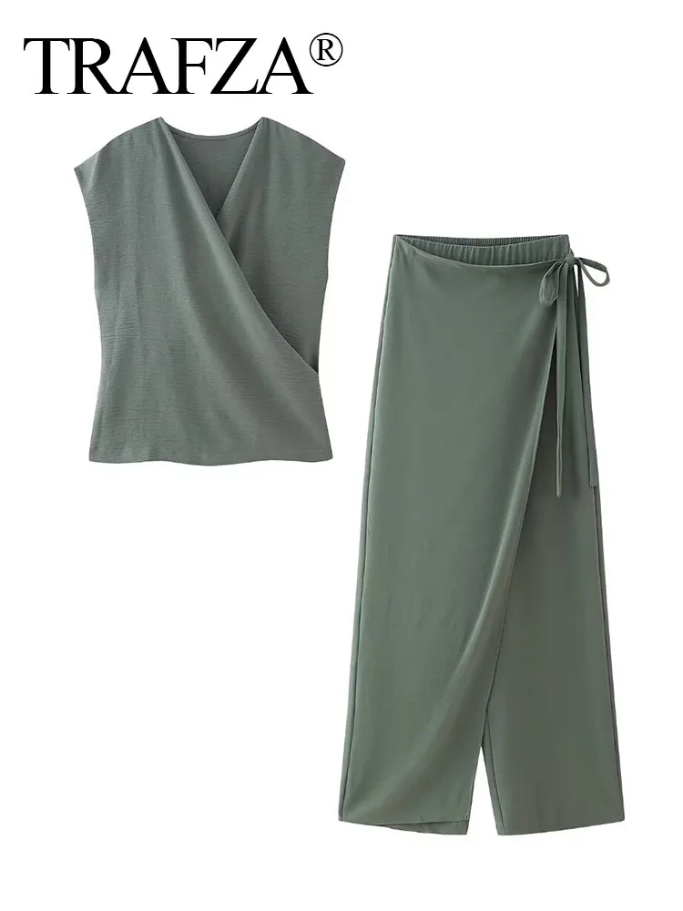 TRAFZA Female Summer Pants Suits Solid V-Neck Sleeveless Asymmetrical Tank Top+Elastic Waist Side Bow Lace-Up Baggy Pant Mujer