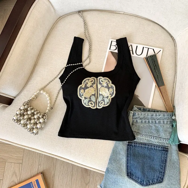 New Chinese-style Small Suspender Tank Top with Bra Pad Summer Short Embroidered Vest Undershirt Bottom Top