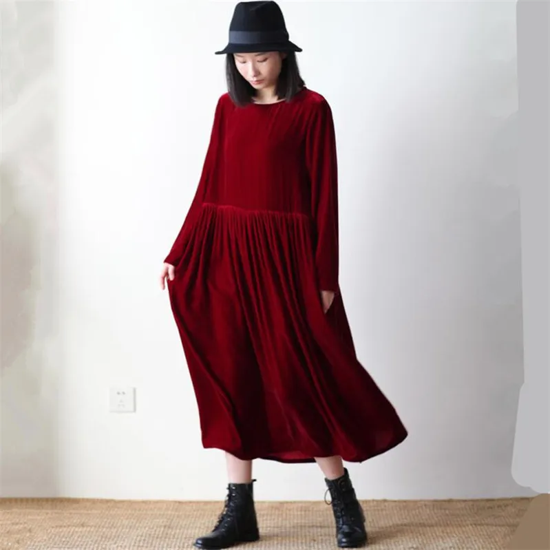 2024 New Korean style women Spring and Autumn long sleeve vintage velour dress Winter velvet maxi dress vestido mujer robe