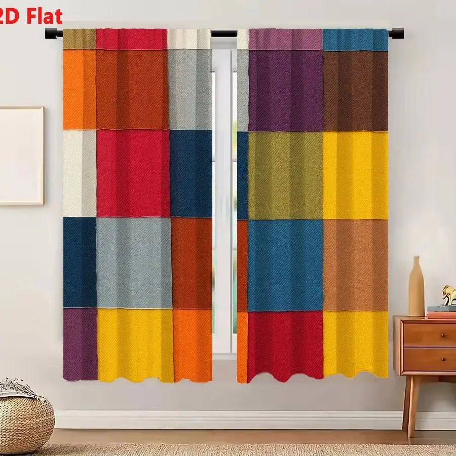 2Pcs Curtains 2D Flat Vibrant Geometric Patchwork Grid Pattern With Woven Texture In Orange Red Pink Yellow Blue Purple Brown Gr