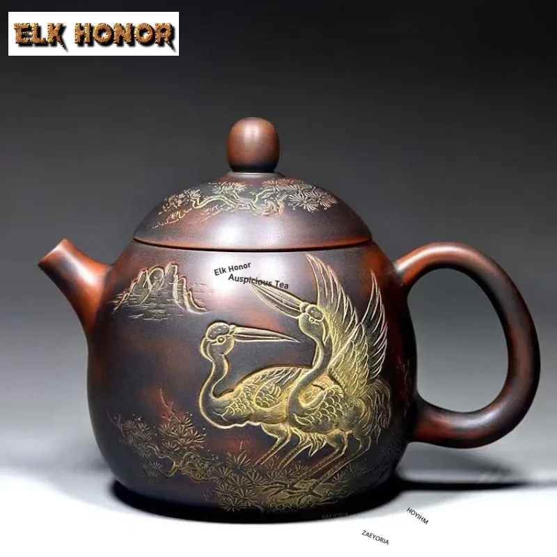 

420M Nixing Pottery Dragon Egg Teapots Handmade Embossed Longevity Crane Pot Raw Ore Mud Tea Making Kettle Tea Set Collection