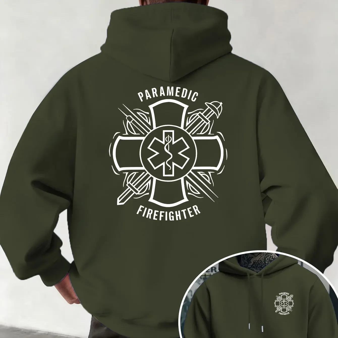 Men Women EMT Fire Rescue Symbol Graphic Two‑Sided Hoodie Paramedic Firefighter Pride Oversized Streetwear Pullover