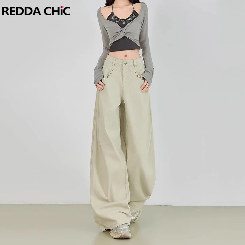 

Джинсы-бойфренды REDDACHiC для женщин, цвета хаки, в стиле ретро, с плиссировкой, однотонные, повседневные, с высокой талией, с карманами на заклепках, широкие брюки, уличный стиль