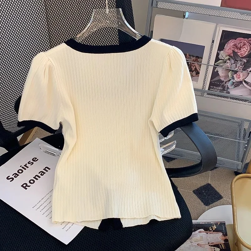 

Summer Thin Ice Silk Knitted Top Women's Square Collar ort Sve ort Sle Luxury Small Fraance Sle White Color