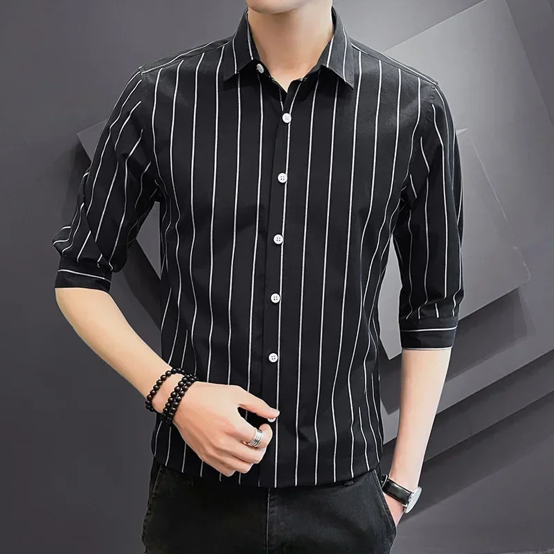 Spring Man Plus Size Button Up Striped Shirt Short Sleeve Cropped Business Office Wear Pink Shirt Casual Slim Fit Top Boys 4xl