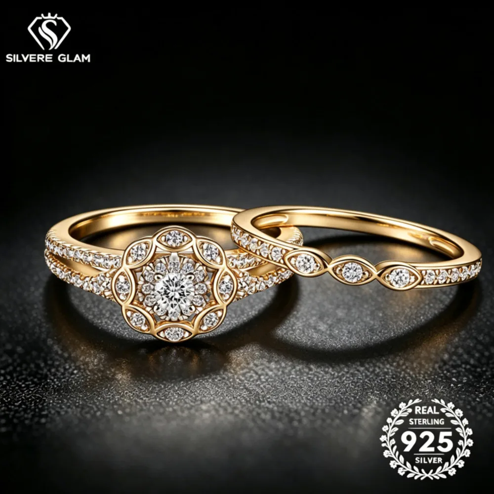 Vintage Floral Halo Cubic Zirconia Ring Set S925 Sterling Silver Two Piece Stackable Engagement Wedding Fine Jewelry For Women
