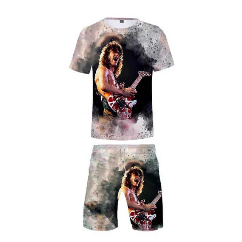 Eddie van halen 3d print sommer kurzarm t-shirt und strand shorts zweiteiliges set casual sportswear 2 stücke set