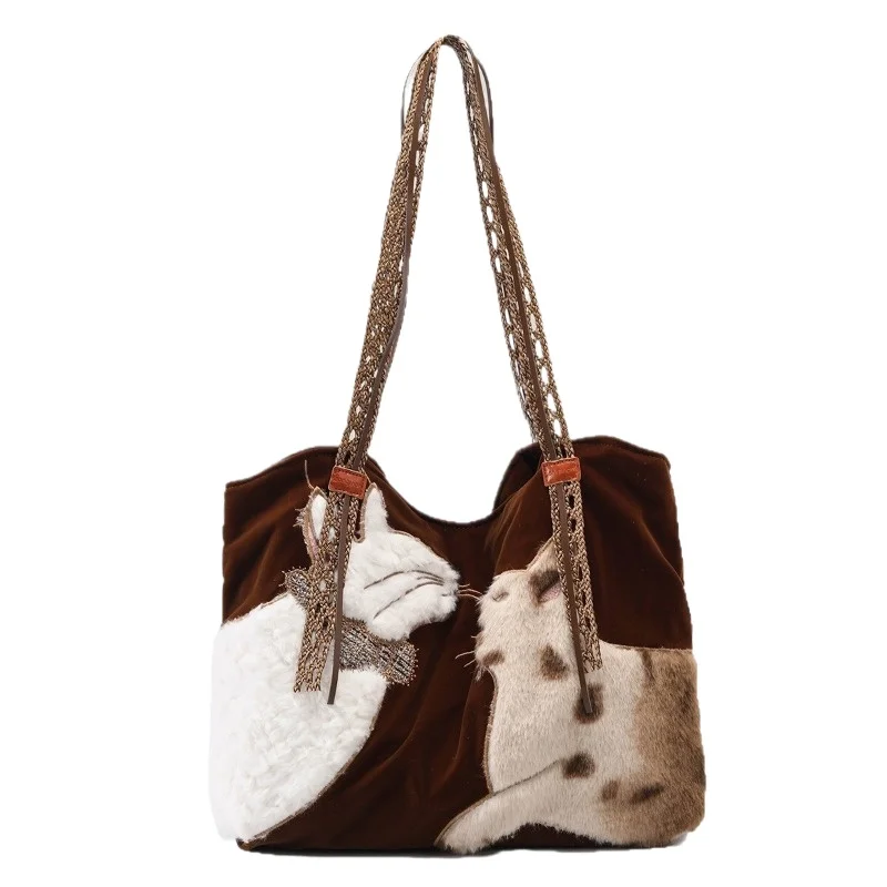 

Womens Shoulder Tote Bag Heavy Embroidery Soft Fluffy Large Capacity Winter Daily Casual Travel