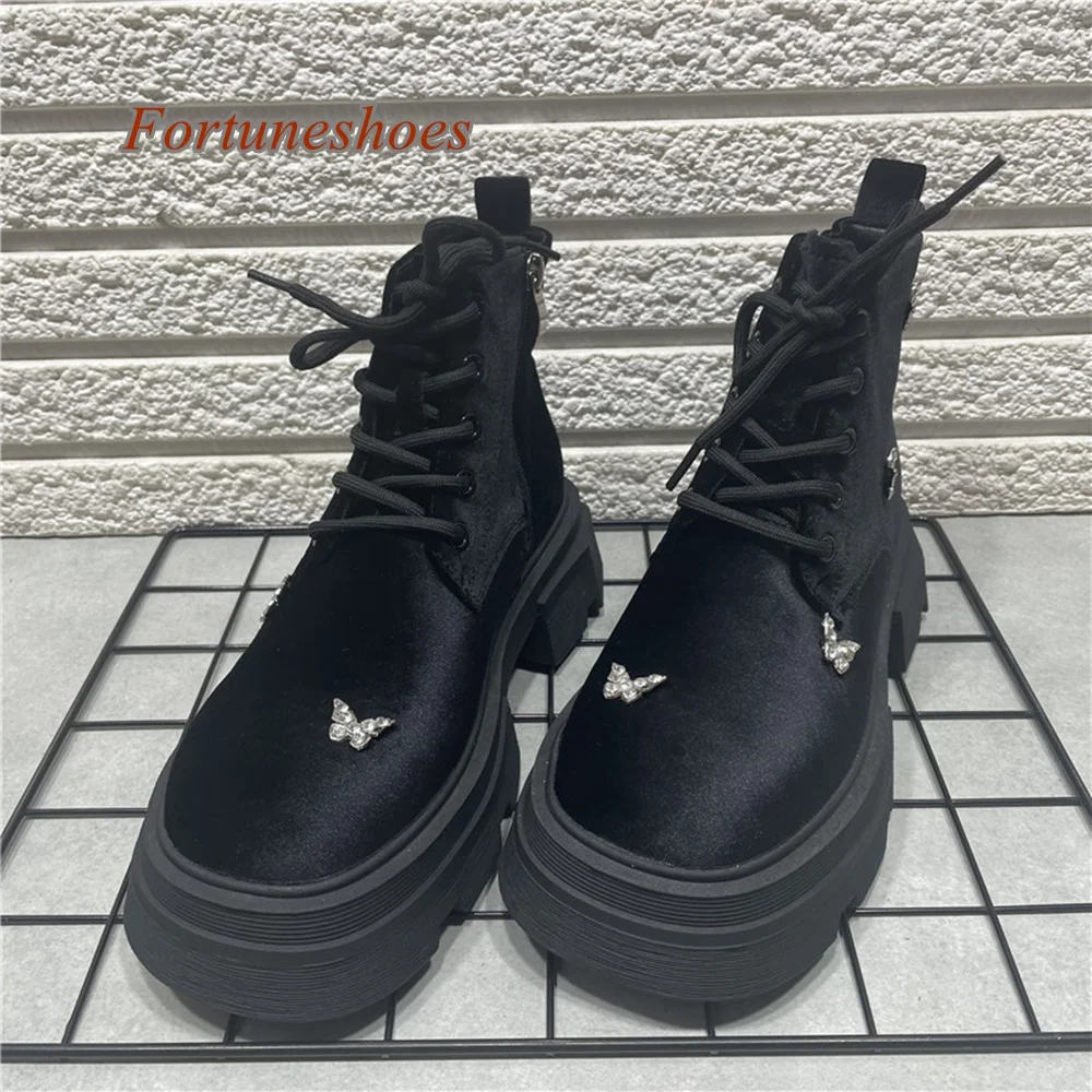 Solid Side Zipper Boots Mid Calf Round Toe Chunky Heel Butterfly Rhinestone Boots Fashion Casual Comfortable 2024 Newest Boots