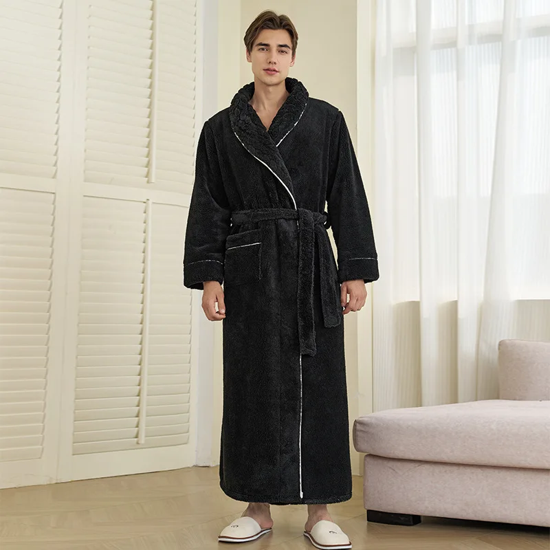 Autumn Winter Double-Sided Coral Fleece Men Long Robe Couple Kimono Bathrobe Gown Sleepwear Oversize Flannel Homewear Loungewear