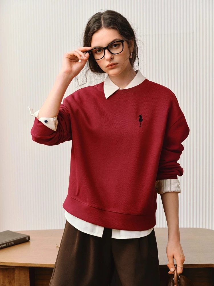 

OLrain Women's Red Sweatshirts 2025 Autumn Casual Loose Shoulder Sleeves O-neck Sweater Embroidered Knit Pullovers O57QR001102