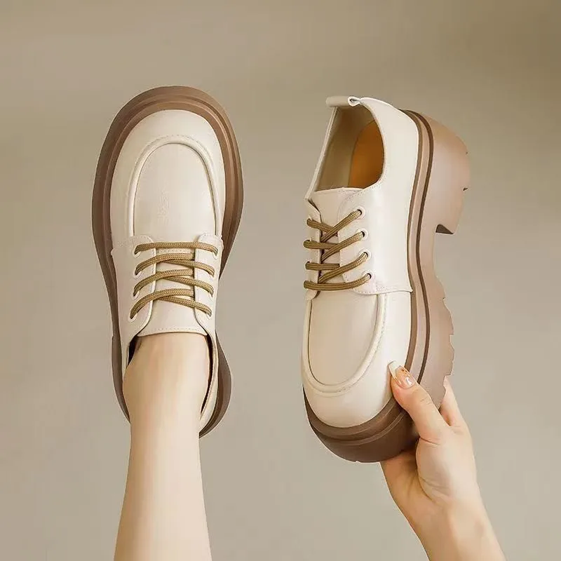 

Handmade British Leather Shoes With New Lace Up Black, Versatile All Season High Rise Single Shoes, Thick Soled Sponge Cake Loaf