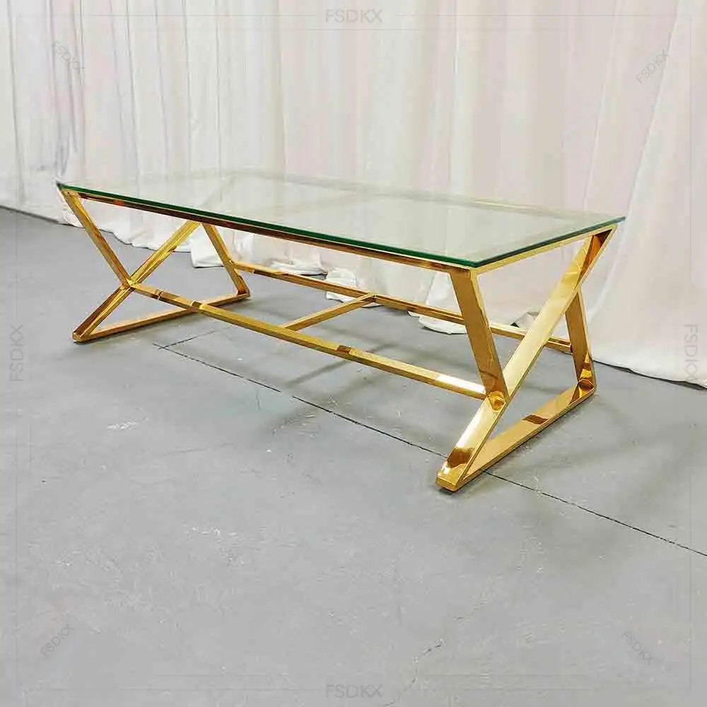 

FSDKX Clear Glass Luxury Furniture Gold Stainless Steel Dining Table Metal Dining Table Wedding Event Tables