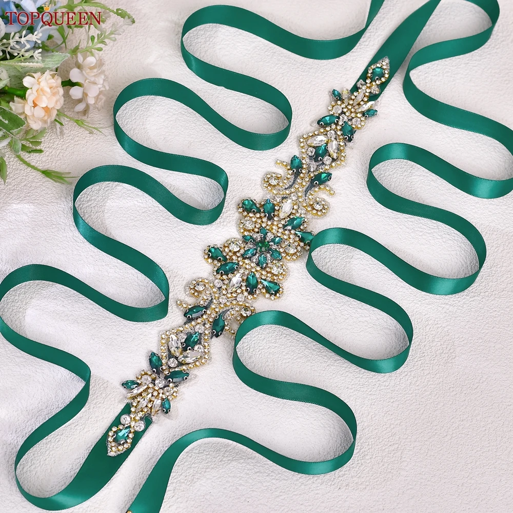 TOPQUEEN Bridal Wedding Dress Belt Gold Handmade Luxury Sash Accessories Women Daily Evening Party Gown Green Rhinestone S12-KL