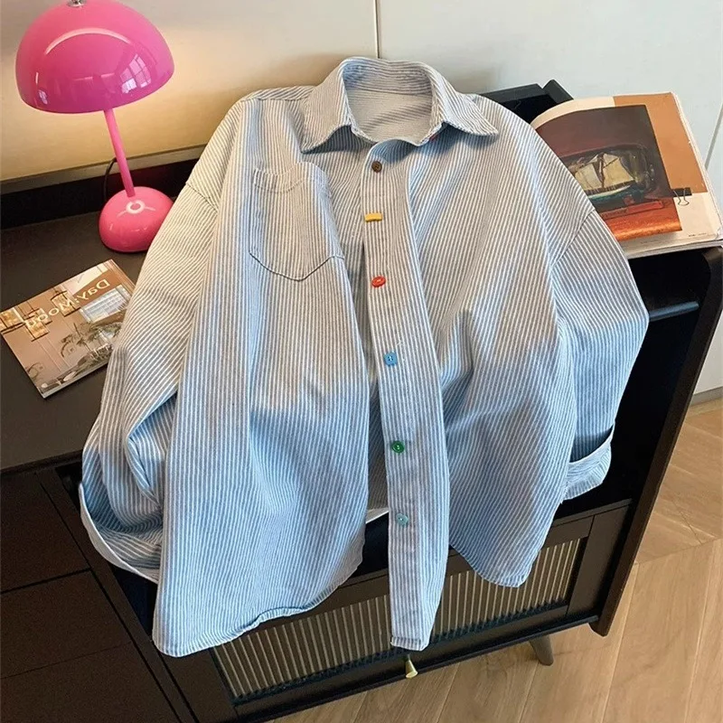 

2025 Vintage Stripes Loose Polo Collar Shirt for Women Spring Long Sleeved Tops Woman Blouses