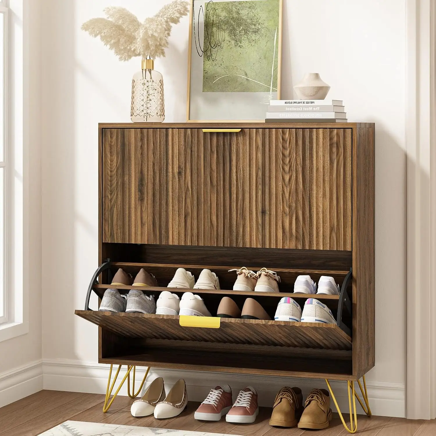 Walnut Walnut Fluted Shoe Cabinet 2 Flip Drawers Gold Handle & Metal Legs Slim Hidden Entryway Storage, Customized - Aliexpress Deal