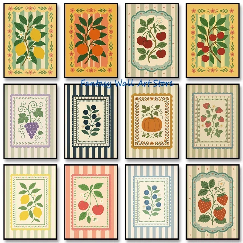 Fruits Vintage Folk Art Strawberry Cherry Lemon Blueberry Orange Folk Prints Poster Canvas Painting Wall