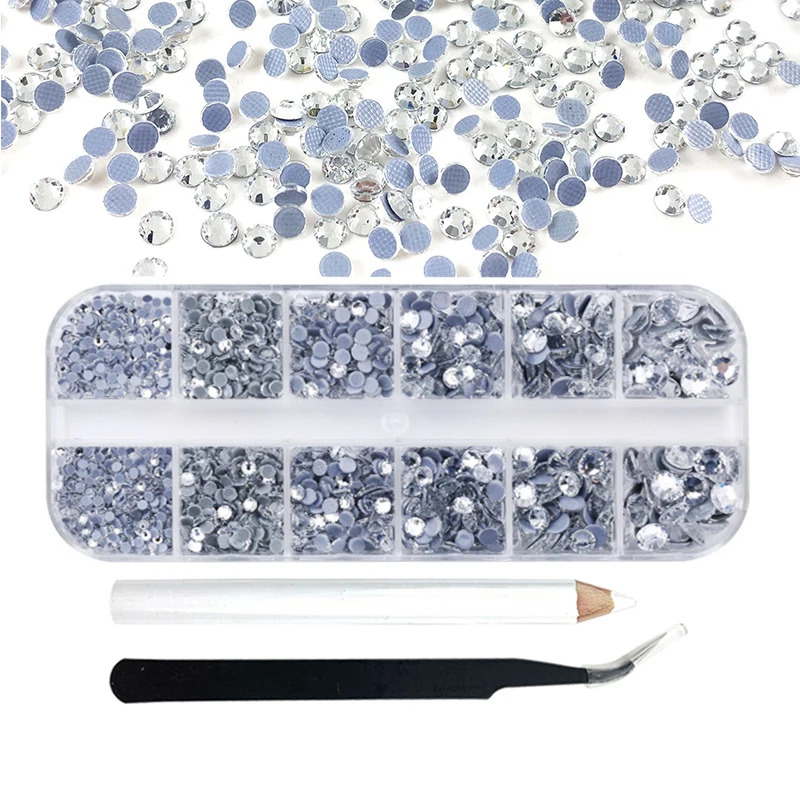 Hot Fix Rhinestones Set Mix Sizes Glass Crystal Hotfix Rhinestone for Clothing 12Grid Box Packing  Iron-on Strass Decoration