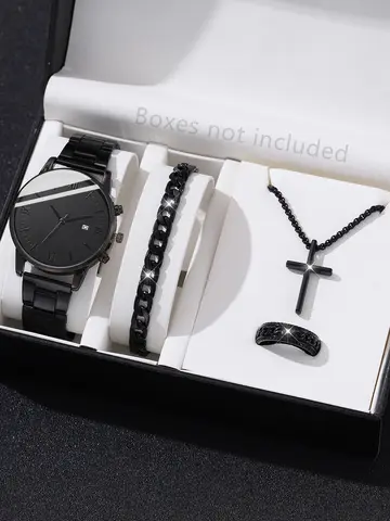 4PCS Men's Watch Set Business Versatile Simple Quartz Watch Bracelet Necklace Ring Set for Daily Clothing Matching
