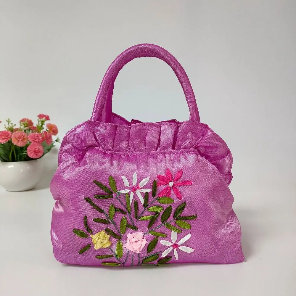 

Retro Silk Ribbon Women Bucket Bag Top Handle National Style Ladies Handbag Embroidered Flower Zipper Small Purse