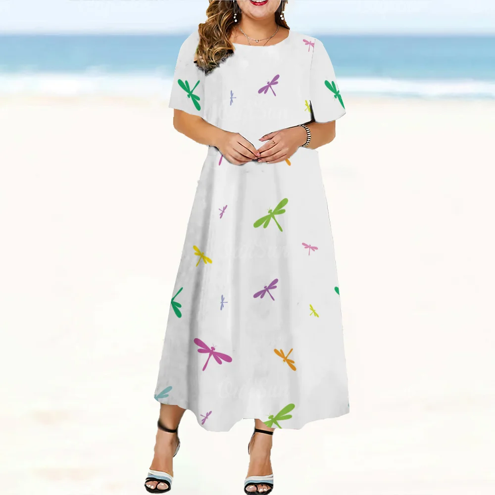 2024 Design Women's Dresses Dragonfly Print Elegant And Beautiful Midi Dresses Plus Size Female Short Sleeve Dress Summer