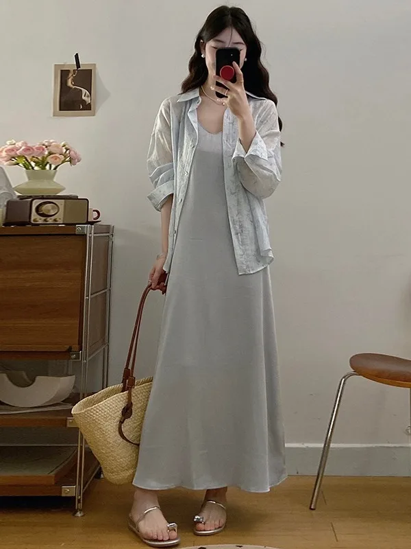 

Новый осенний комплект: тонкий кардиган и топ на бретельках для женщин больших размеров, в корейском стиле, свободного кроя, с эффектом омоложения и скрытия недостатков фигуры, с длинными рукавами.