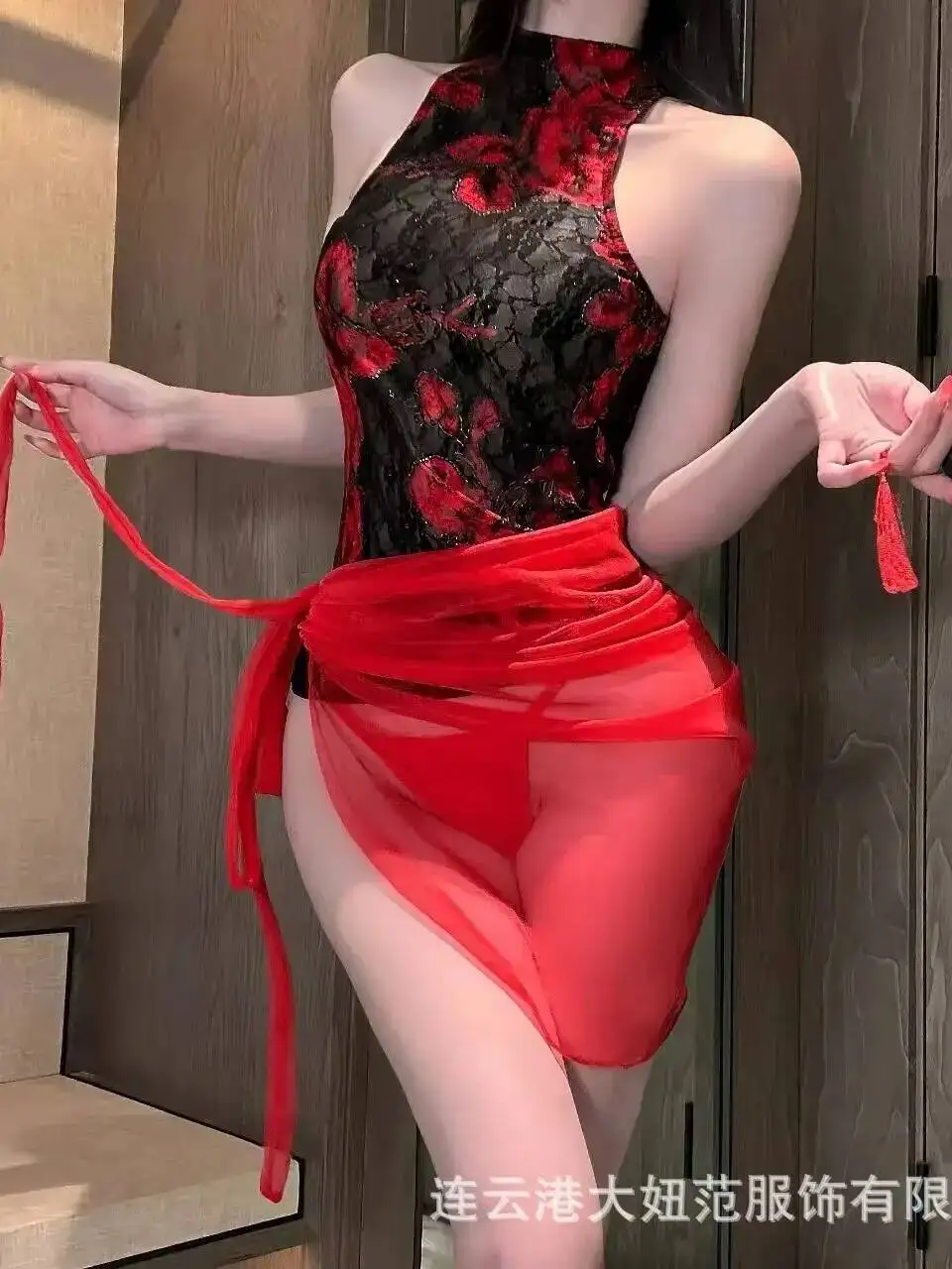 Pure Desire Doorzichtige Sexy Slit Hot Verleidelijke Lace-up Nachthemd Uniform Dames Set Jurk Elegante Mesh Kant Sheer Sexy Top BZ7